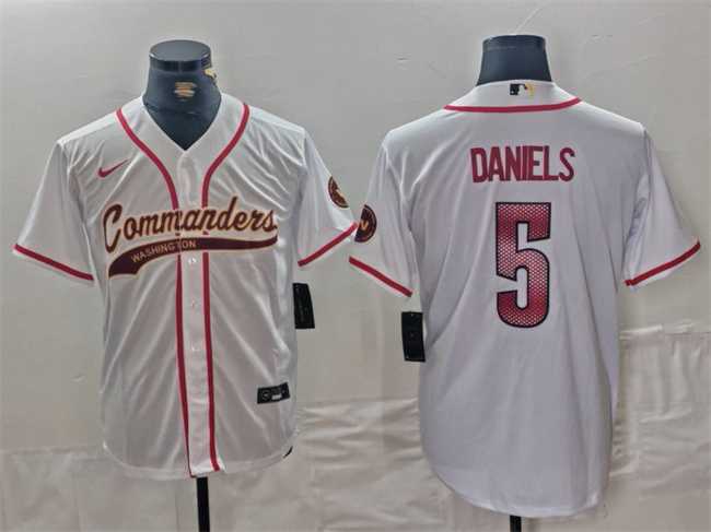 Men%27s Washington Commanders #5 Jayden Daniels White With Patch Cool Base Stitched Baseball Jersey